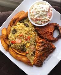 Chinese Fried Rice, salad, plantain, and Titus Fish